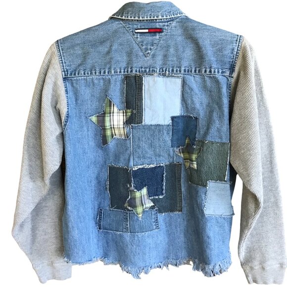 Upcycled Jean Jacket, M: Denim & Flannel Star Patchwork, Waffle Knit Sleeves - Picture 1 of 12